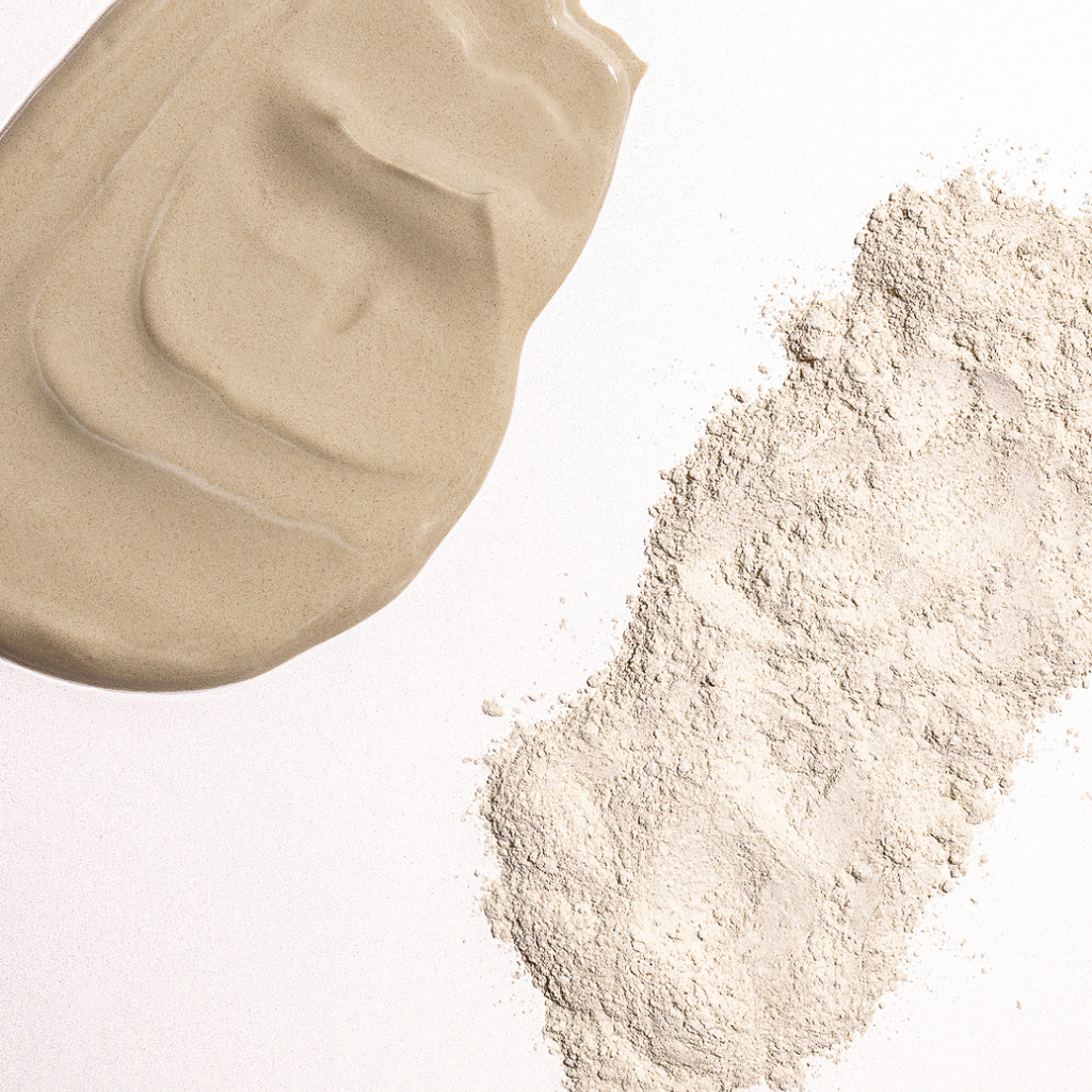 Green Clay Mask Powder in two forms - mixed on the left and dry form on the right